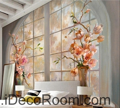Image of Beautiful dream round windowsill pink flower vase painting wall art wall decor mural wallpaper wall IDCWP-000155