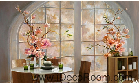 Image of Beautiful dream round windowsill pink flower vase painting wall art wall decor mural wallpaper wall IDCWP-000155