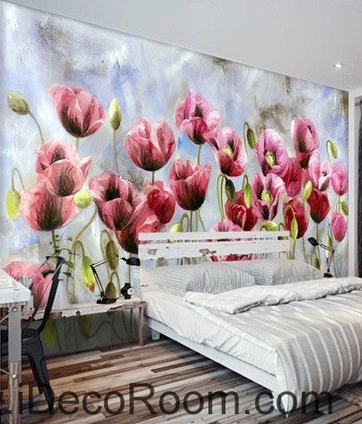 Image of A beautiful dream romantic bloom pink poppy oil painting effect wall art wall decor mural wallpaper wall IDCWP-000158