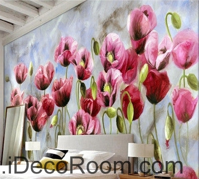 Image of A beautiful dream romantic bloom pink poppy oil painting effect wall art wall decor mural wallpaper wall IDCWP-000158