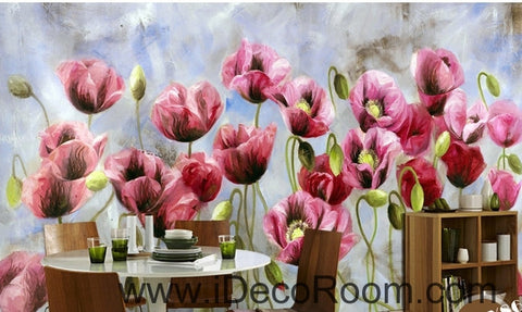 Image of A beautiful dream romantic bloom pink poppy oil painting effect wall art wall decor mural wallpaper wall IDCWP-000158