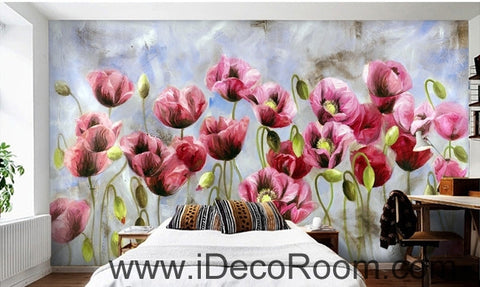 Image of A beautiful dream romantic bloom pink poppy oil painting effect wall art wall decor mural wallpaper wall IDCWP-000158