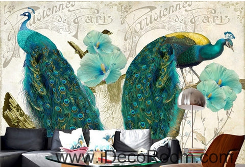 Image of Beautiful dream pattern blue peacock open screen poppy flower painting wall art wall decor mural wallpaper wall IDCWP-000160