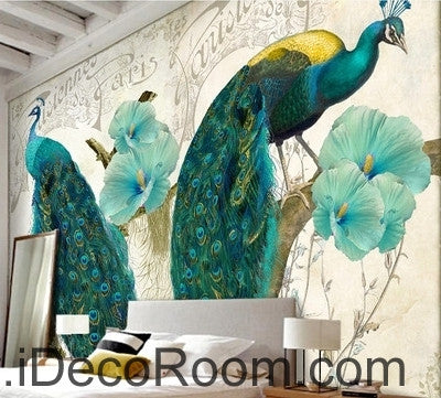 Image of Beautiful dream pattern blue peacock open screen poppy flower painting wall art wall decor mural wallpaper wall IDCWP-000160