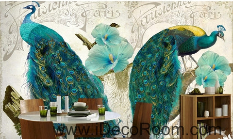 Image of Beautiful dream pattern blue peacock open screen poppy flower painting wall art wall decor mural wallpaper wall IDCWP-000160