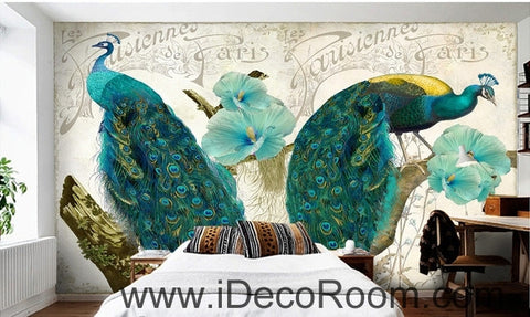 Image of Beautiful dream pattern blue peacock open screen poppy flower painting wall art wall decor mural wallpaper wall IDCWP-000160