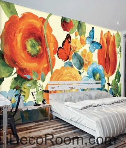 Image of European style beautiful pastoral scenery blooming rose tulip butterfly wall art wall decor mural wallpaper wall IDCWP-000167