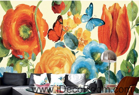 Image of European style beautiful pastoral scenery blooming rose tulip butterfly wall art wall decor mural wallpaper wall IDCWP-000167