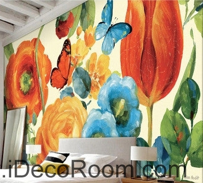 Image of European style beautiful pastoral scenery blooming rose tulip butterfly wall art wall decor mural wallpaper wall IDCWP-000167