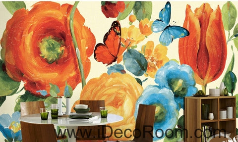 Image of European style beautiful pastoral scenery blooming rose tulip butterfly wall art wall decor mural wallpaper wall IDCWP-000167