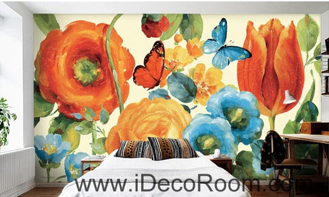 Image of European style beautiful pastoral scenery blooming rose tulip butterfly wall art wall decor mural wallpaper wall IDCWP-000167