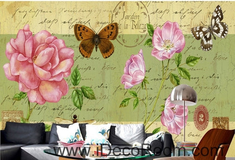 Image of Beautiful dream fresh pink peony rose butterfly flying oil painting effect wall art wall decor mural wallpaper wall IDCWP-000170