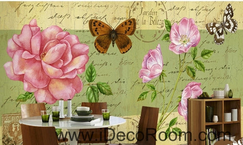 Image of Beautiful dream fresh pink peony rose butterfly flying oil painting effect wall art wall decor mural wallpaper wall IDCWP-000170