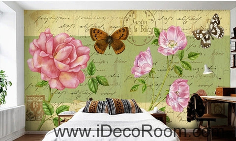 Image of Beautiful dream fresh pink peony rose butterfly flying oil painting effect wall art wall decor mural wallpaper wall IDCWP-000170