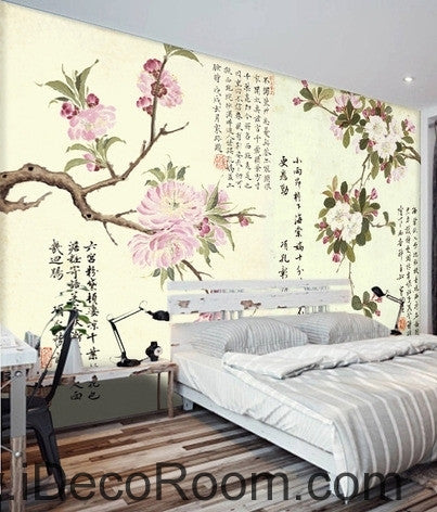 Image of Retro pink blooming peach cherry tree branches calligraphy painting wall art wall decor mural wallpaper wall IDCWP-000171