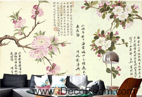 Image of Retro pink blooming peach cherry tree branches calligraphy painting wall art wall decor mural wallpaper wall IDCWP-000171