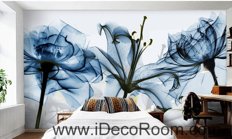 Image of Beautiful dream fresh and romantic blue bloom lily rose transparent flowers wall art wall decor mural wallpaper wall IDCWP-000173