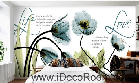 Image of Beautiful dream fresh blue bloom tulip poppy flowers transparent flowers wall art wall decor mural wallpaper wall IDCWP-000175
