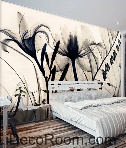 Image of Beautiful fantasy classic black and white transparent flowers lily art wall art wall decor mural wallpaper wall IDCWP-000176