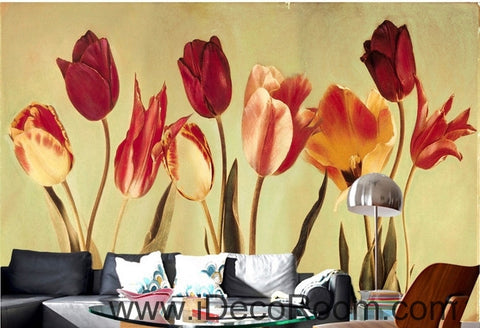 Image of European-style retro blooming Hongyan yellow tulip flower painting wall art wall decor mural wallpaper wall IDCWP-000182