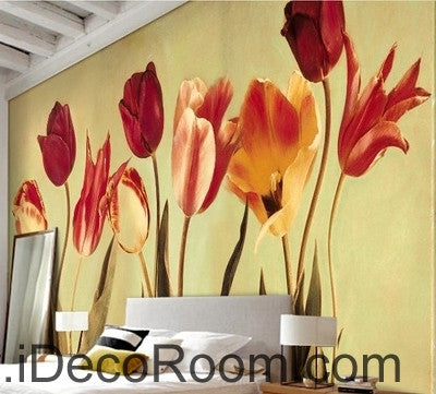 Image of European-style retro blooming Hongyan yellow tulip flower painting wall art wall decor mural wallpaper wall IDCWP-000182