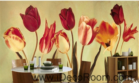 Image of European-style retro blooming Hongyan yellow tulip flower painting wall art wall decor mural wallpaper wall IDCWP-000182
