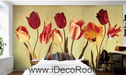 Image of European-style retro blooming Hongyan yellow tulip flower painting wall art wall decor mural wallpaper wall IDCWP-000182