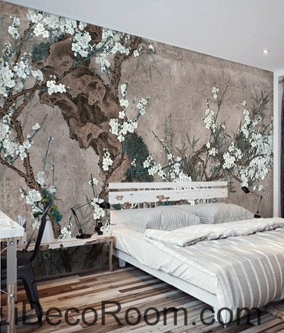 Image of European style retro gray background white floral branch old tree branch oil painting effect wall art wall decor mural wallpaper wall IDCWP-000183