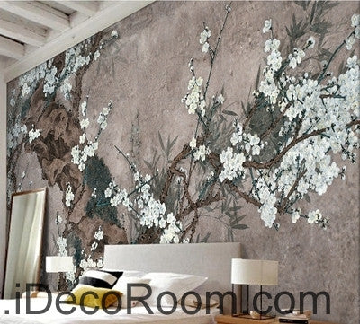 Image of European style retro gray background white floral branch old tree branch oil painting effect wall art wall decor mural wallpaper wall IDCWP-000183