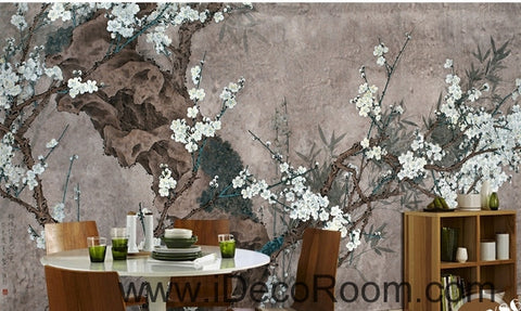 Image of European style retro gray background white floral branch old tree branch oil painting effect wall art wall decor mural wallpaper wall IDCWP-000183
