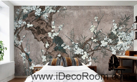 Image of European style retro gray background white floral branch old tree branch oil painting effect wall art wall decor mural wallpaper wall IDCWP-000183