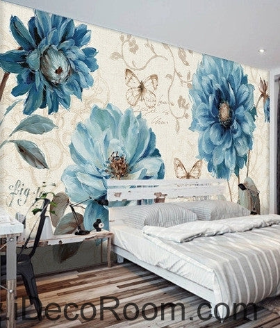 Image of Beautiful dream fresh pattern blue peony butterfly wall art wall decor mural wallpaper wall  IDCWP-000184