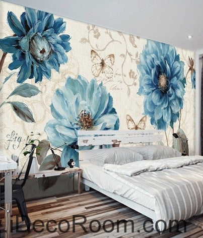 Image of Beautiful dream fresh pattern blue peony butterfly wall art wall decor mural wallpaper wall IDCWP-000184