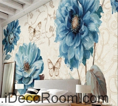 Image of Beautiful dream fresh pattern blue peony butterfly wall art wall decor mural wallpaper wall IDCWP-000184