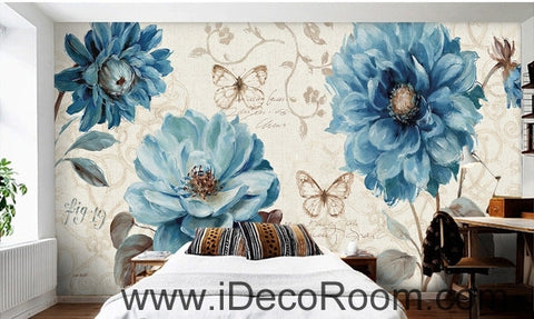 Image of Beautiful dream fresh pattern blue peony butterfly wall art wall decor mural wallpaper wall IDCWP-000184