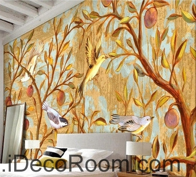 Image of Beautiful dream gold happy on the branches of the bird magpie oil painting effect wall art wall decor mural wallpaper wall IDCWP-000186