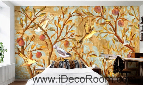 Image of Beautiful dream gold happy on the branches of the bird magpie oil painting effect wall art wall decor mural wallpaper wall IDCWP-000186