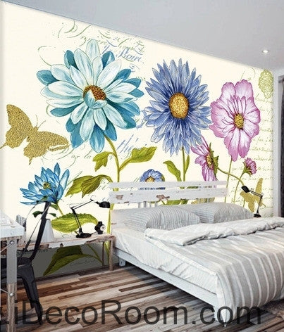 Image of Beautiful dream white daisy gesang flower butterfly oil painting effect wall art wall decor mural wallpaper wall IDCWP-000188