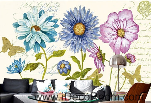 Image of Beautiful dream white daisy gesang flower butterfly oil painting effect wall art wall decor mural wallpaper wall IDCWP-000188