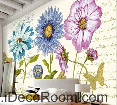 Image of Beautiful dream white daisy gesang flower butterfly oil painting effect wall art wall decor mural wallpaper wall IDCWP-000188