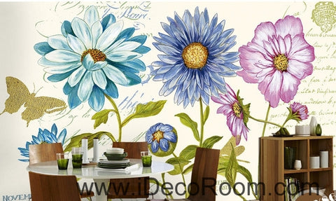 Image of Beautiful dream white daisy gesang flower butterfly oil painting effect wall art wall decor mural wallpaper wall IDCWP-000188