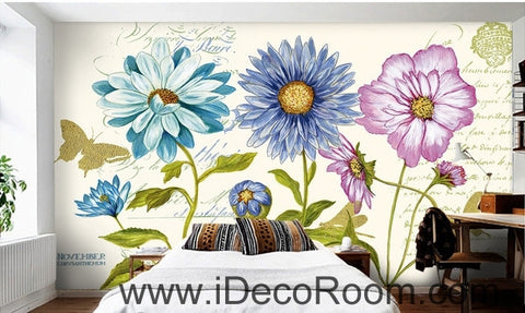 Image of Beautiful dream white daisy gesang flower butterfly oil painting effect wall art wall decor mural wallpaper wall IDCWP-000188