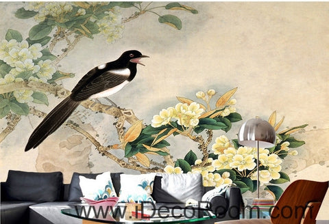 Image of Retro bird on a branch of a bird magpie painting wall art wall decor mural wallpaper wall IDCWP-000189