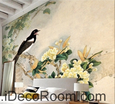Image of Retro bird on a branch of a bird magpie painting wall art wall decor mural wallpaper wall IDCWP-000189