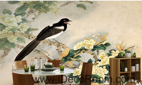 Image of Retro bird on a branch of a bird magpie painting wall art wall decor mural wallpaper wall IDCWP-000189