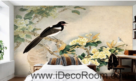 Image of Retro bird on a branch of a bird magpie painting wall art wall decor mural wallpaper wall IDCWP-000189