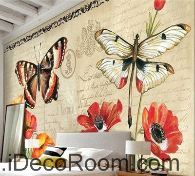 Image of European Style Retro Floral English Floral Butterfly oil painting effect wall art wall decor mural wallpaper wall IDCWP-000190