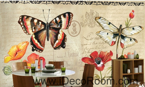 Image of European Style Retro Floral English Floral Butterfly oil painting effect wall art wall decor mural wallpaper wall IDCWP-000190