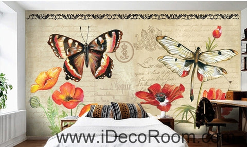 Image of European Style Retro Floral English Floral Butterfly oil painting effect wall art wall decor mural wallpaper wall IDCWP-000190