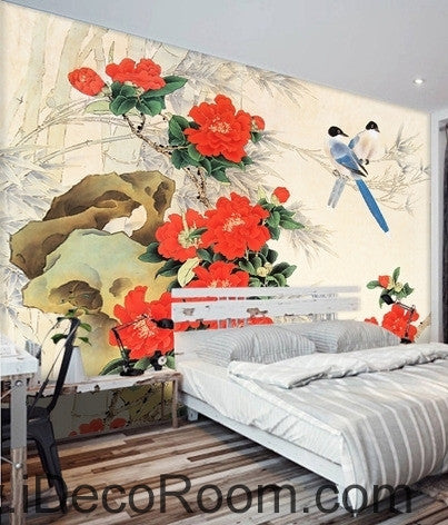 Image of Stone bloom red peony two magpie flowers and birds painting wall art wall decor mural wallpaper wall IDCWP-000192
